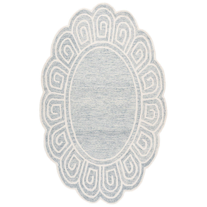 Novelty Rajashri Hand Tufted Wool/Cotton Geometric Rug in Light Gray/Ivory, Oval 5' x 8'