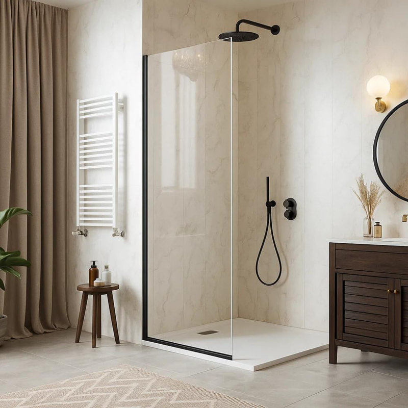 Fixed Glass Shower Panel for Bathroom 24" x 76" - 3/8'' Thick Clear Tempered Glass with Matte Black Finish, 24" x 76"