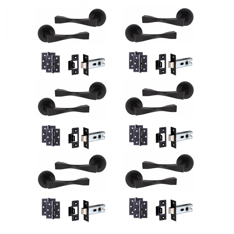  6 Pairs Straight Astrid Twist Design Door Handles Latch on Round Rose in Matt Black Finish with 2.5" Tubular Latch and 3" Ball Bearing Hinges - 52mm Diameter