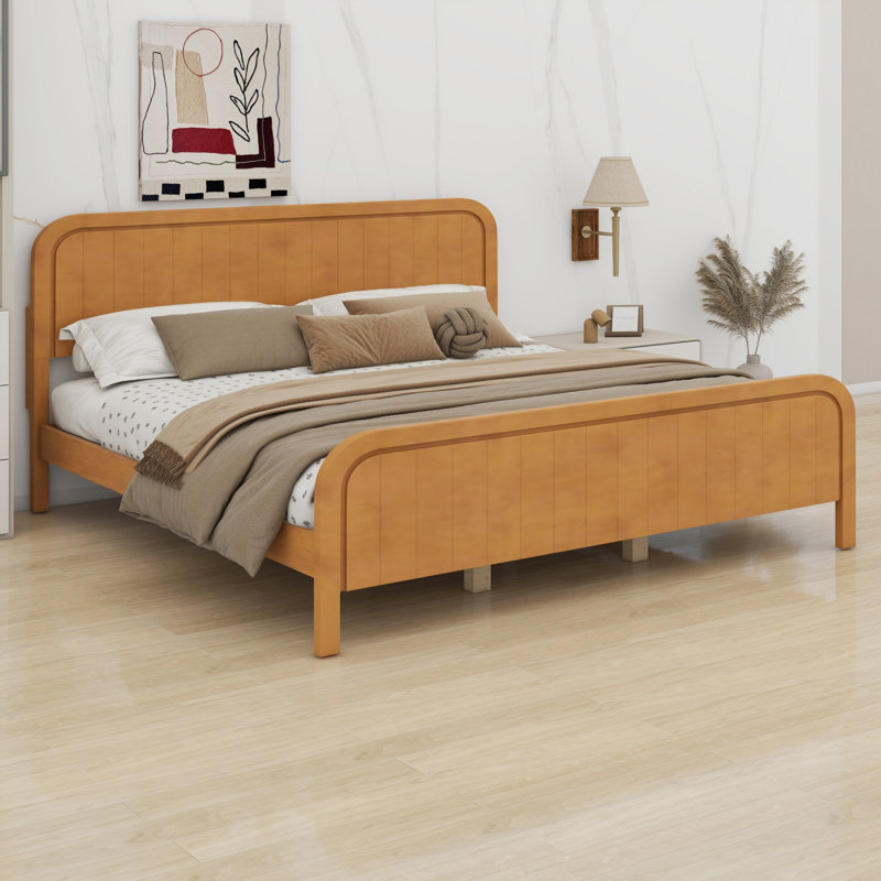 Base de lit plateforme en bois avec lattes et tête de lit, King, Natural Oak
