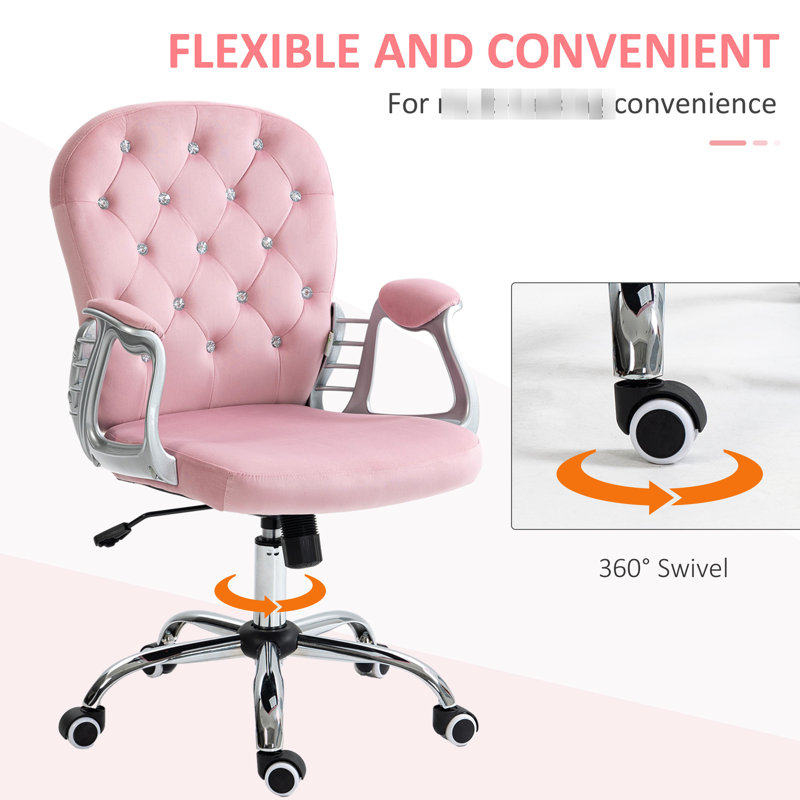 Chaise de bureau en velours rose, siège réglable et pivotant à 360 ° pour un mouvement sans coutures, fauteuil inclinable en velours confortable