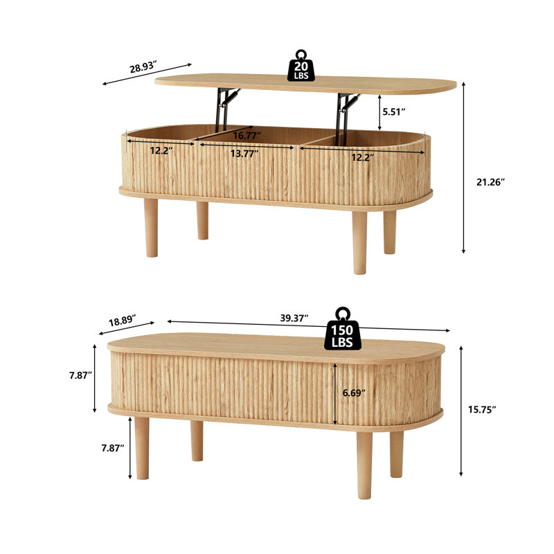 39.37'' W Oval Lift Top Coffee Table With Storage, Natural