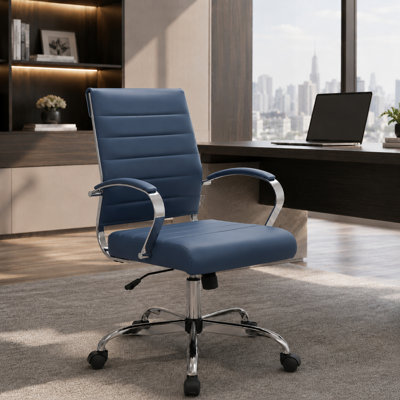 Mulkey Ribbed Faux Leather Mid-Back Office Chair, Mid Century Ergonomic Executive Desk Chair