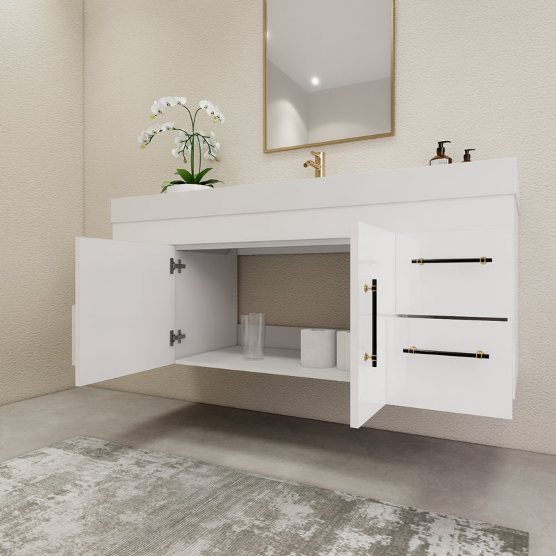 59" Wall-Mounted Single Bathroom Vanity Set, Glossy White