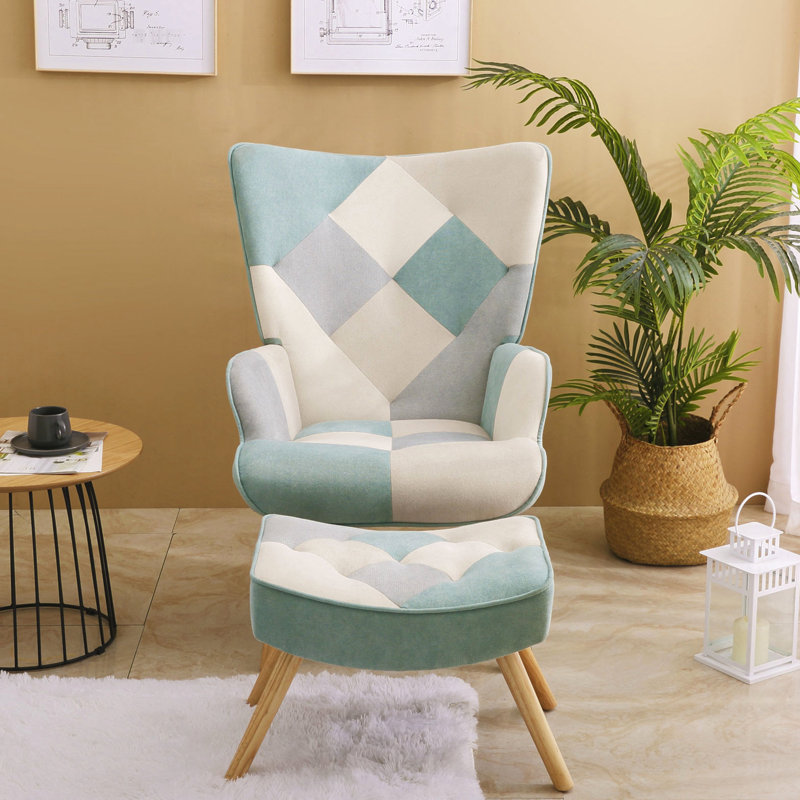 Chaise d'appoint de chambre à coucher avec - Fauteuil en lin bleu, épissage à la mode et structure en bois massif, salon, cadre de surface créatif et confortable