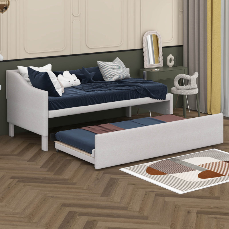 Twin Size Upholstered Daybed With Pop Up Trundle, Twin To King Size Daybed Sofa Bed With L-Shaped Backrest For Bedroom Guest Room