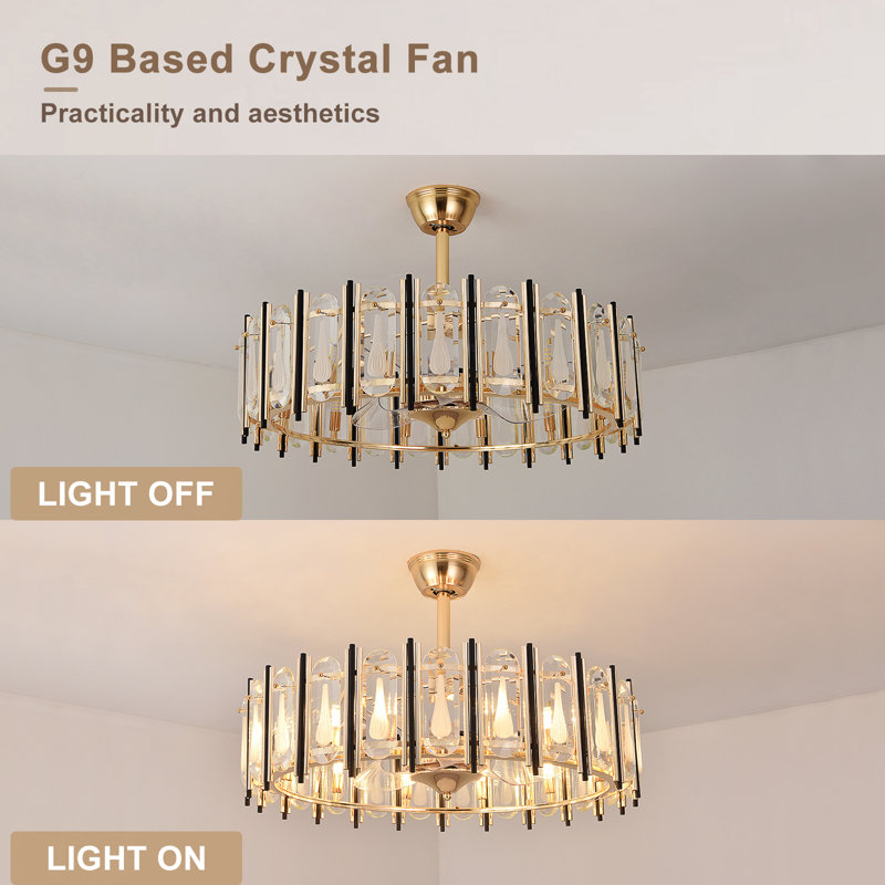 Crystal Ceiling Fan with Remote Caged Reversible G9 Based - Gold, 26" Wide