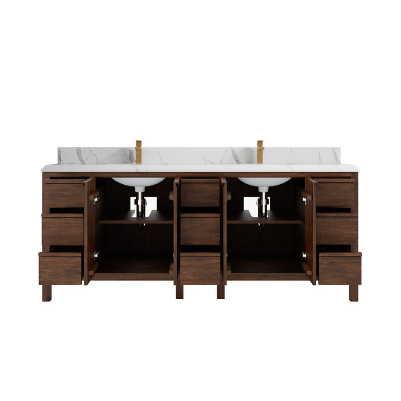 84'' Double Bathroom Vanity with Quartz Top, Calacatta Laza, Dark Walnut