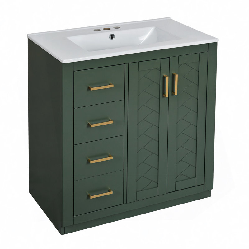 Ensemble de meuble-lavabo avec lavabo en céramique, meuble de rangement pour salle de bain avec cadre en bois massif, ensemble de meuble-lavabo autoportant avec 3 tiroirs et portes à fermeture douce