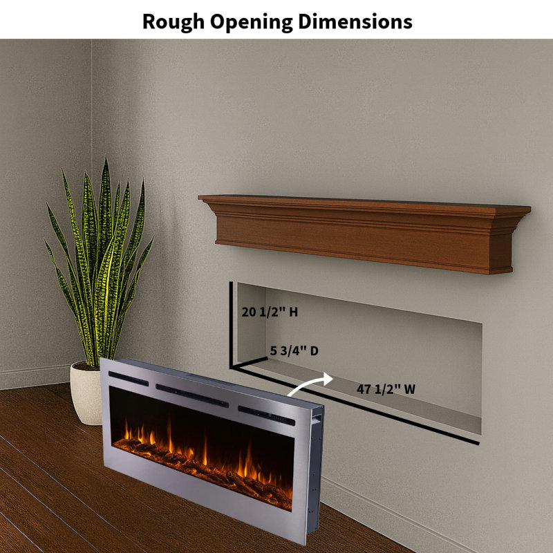 The Sideline Deluxe Stainless Steel Recessed/Wall Mount Smart Electric Fireplace, 21.5" H x 50" W x 5.5" D