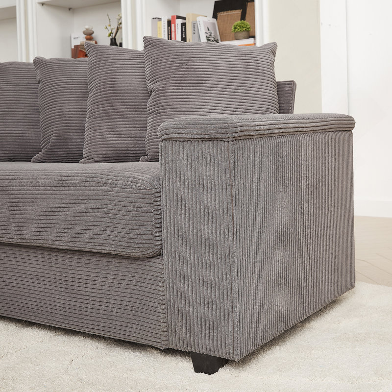 Très grand canapé en forme de L avec méridienne, canapé modulaire en L en velours côtelé confortable avec 8 coussins et deux espaces de rangement pour les accoudoirs, canapé-lit rembourré moelleux pour la chambre à coucher du salon