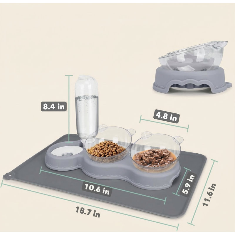 Bols surélevés 3 en 1 pour nourriture et eau avec bouteille d'eau automatique et tapis imperméable pour chats / petits chiens