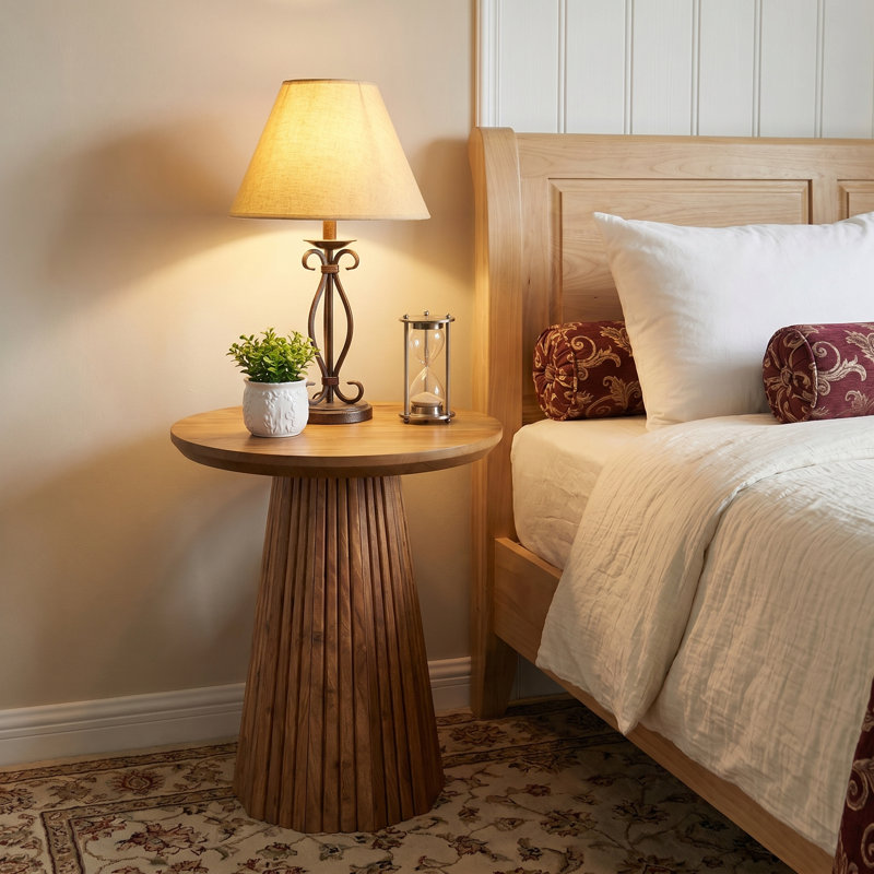 Small Round Solid Wood End Table, Farmhouse Side Table for Living Room, Bedroom