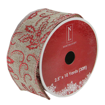 Red and Beige Burlap Wired Christmas Craft Ribbon Spools - 2.5" x 120 Yards