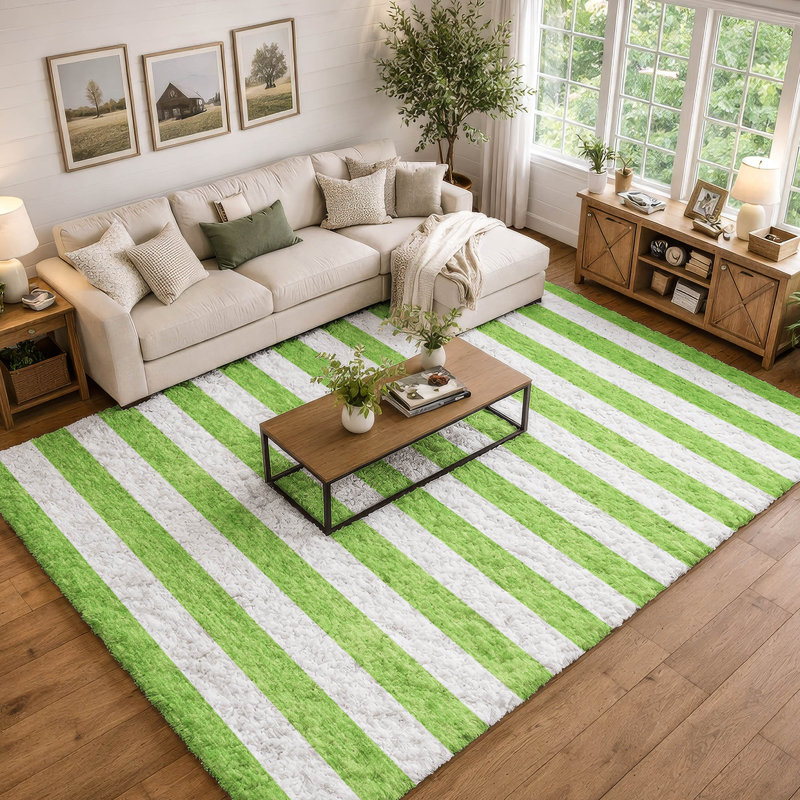 Premium Machine Washable Dream Shag ADS528 Striped Rug, 8' x 10', Lime