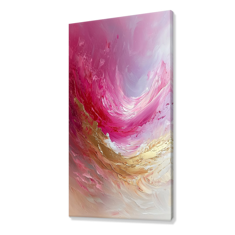 «Gold and Pink Ocean Ink Harmony II», peinture abstraite, art mural, H 60 po x l 28 po, Toile tendue, Ne s’applique pas