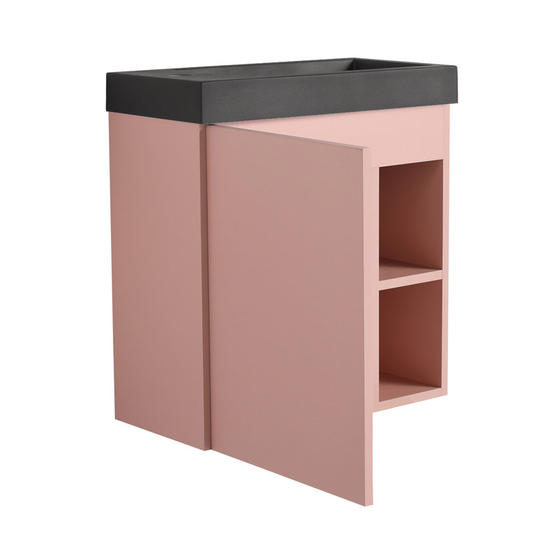 Armoire de salle de bain murale en contreplaqué Devillere, meuble-lavabo avec lavabo en résine blanche et porte d'armoire à fermeture en douceur 