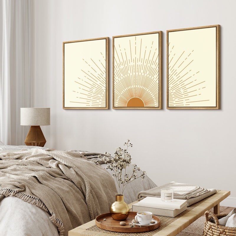 "Bright Orange Boho Sun Burst Artwork, Mid-Century Modern Organic Minimalist Wall Walls", reproduction d'art numérique sur toile encadrée, 3 pièces