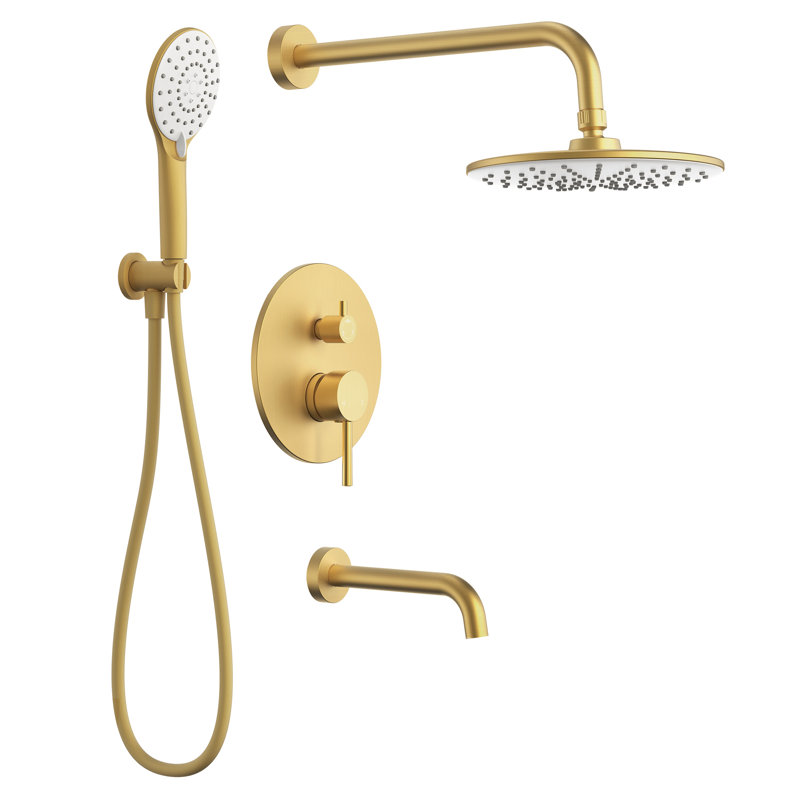 Tub and Shower Faucet Set , 9" Rainfall Shower Head with 3‑Setting Handheld Shower, Brushed Gold