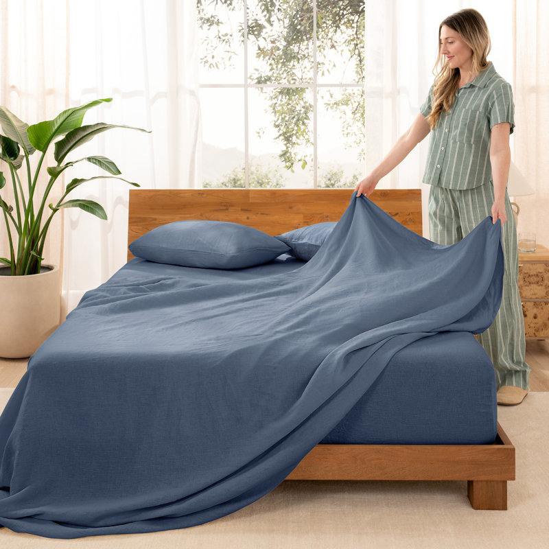 100% Linen Sheet Set, Full/Double Sheet Set with 2 Pillowcases, Indigo