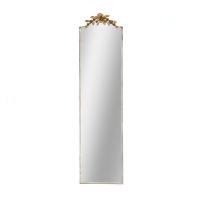 18.1X1.6X70.9" Large Rectangular Full-Length Mirror With Distressed Ivory Frame And Gold Floral Crown