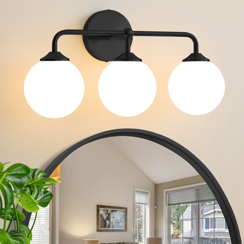 3 - Light Dimmable Vanity Light with Opal Lampshade, Matte Black