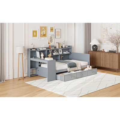 Lit de jour simple en bois gris avec 3 tiroirs, rangement pour bureau et port, et structure en pin massif pour la fonctionnalité de la chambre à coucher