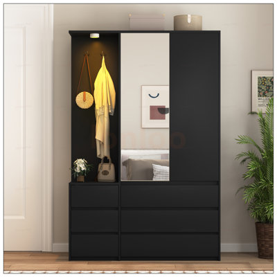 Armoire de chambre à coucher moderne en bois avec 2 portes et 6 tiroirs, des tablettes de rangement spacieuses et une barre de suspension pour une organisation efficace