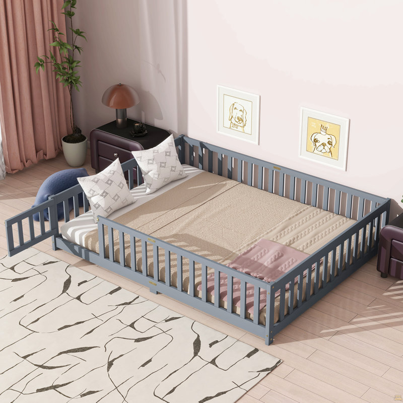 Lit grand format avec clôture, porte et lit en bois d'hévéa, Gris