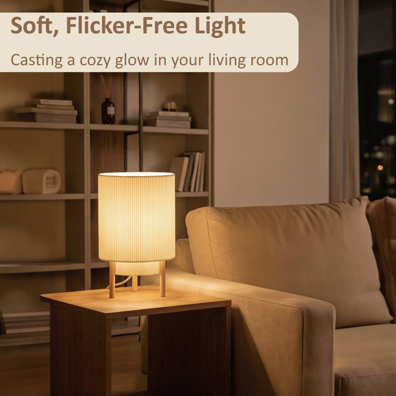 Lampe de table 10 po en tissu à double couche de style japonais avec base en bois naturel, à intensité variable et à température de couleur réglable, douille E12, homologuée UL