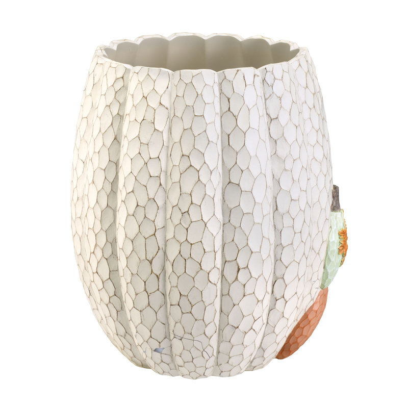 White Resin Textured Wastebasket with Pumpkin Design