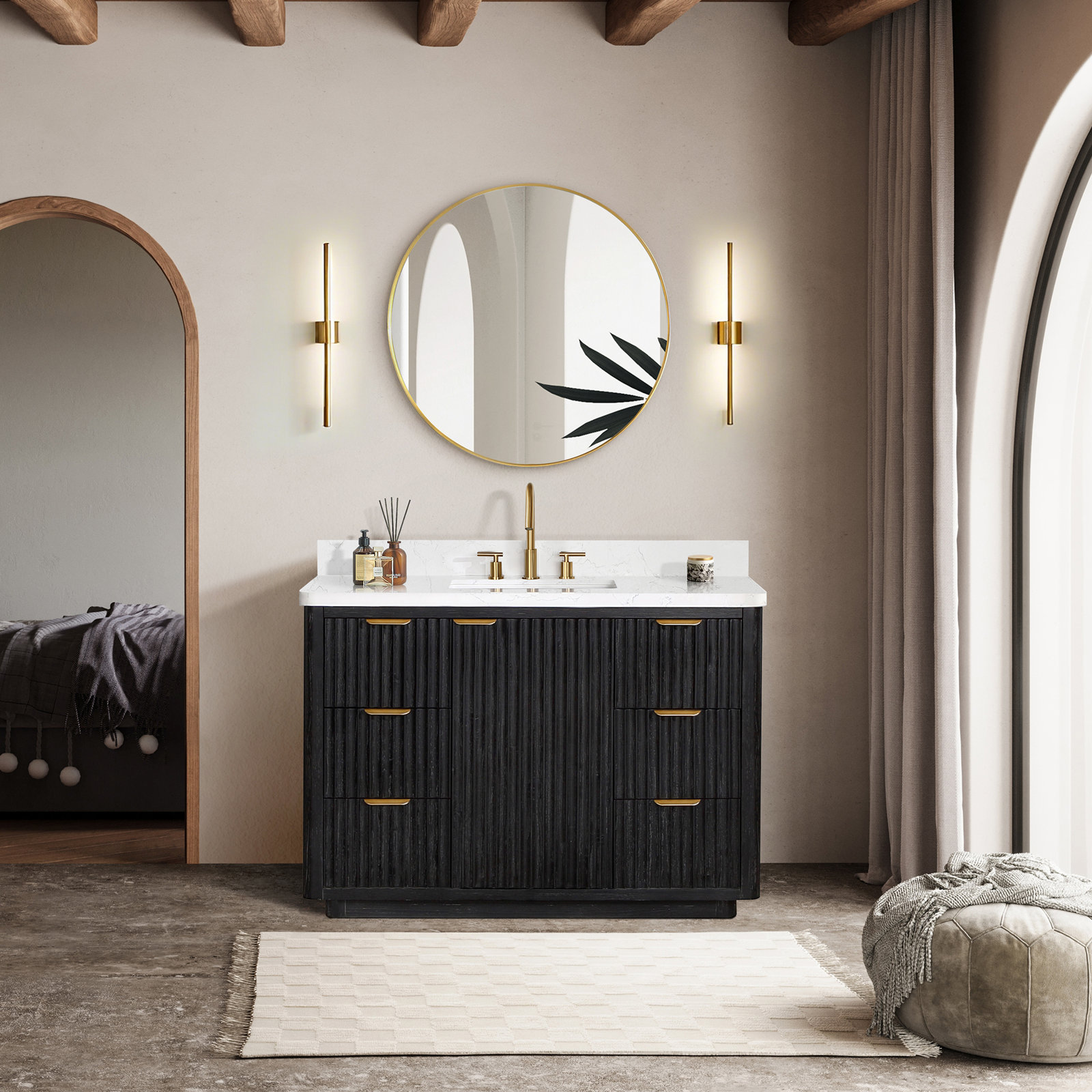 Adela 48'' Single Bathroom Vanity, Black, White, Gold