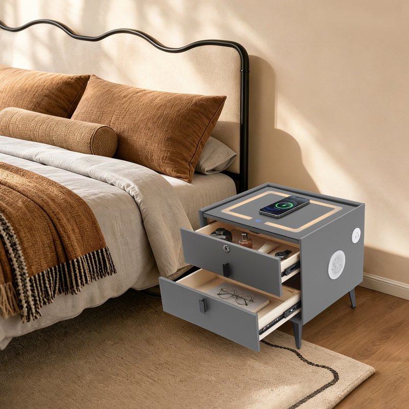 Smart Bedside Table with 2 Drawers, Bluetooth Speaker, Wireless Charging Station, USB Ports, LED Light and Fingerprint Lock, Modern Nightstand 19.70" W x 15.75" D x 18.11" H