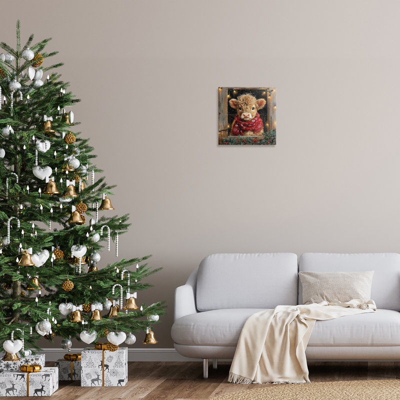 Calf with Holly & Lights Garland Canvas, design by Riley B, 17" H x 17" W