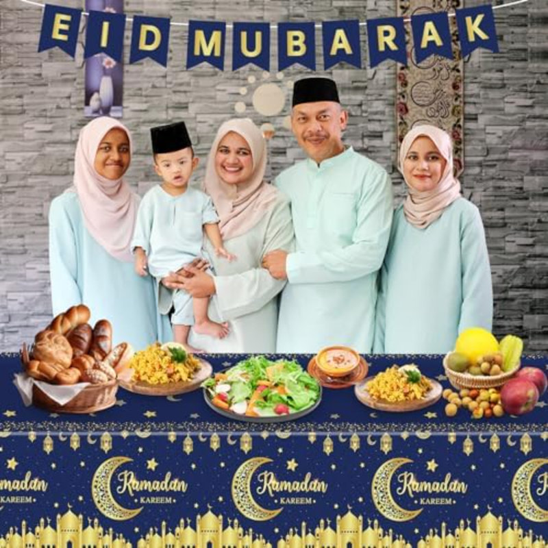 Paquet de 3 nappes Ramadan - bleu et doré Ramadan Kareem, nappe jetable rectangulaire en plastique Eid Moon Star pour Ramadans Mubarak