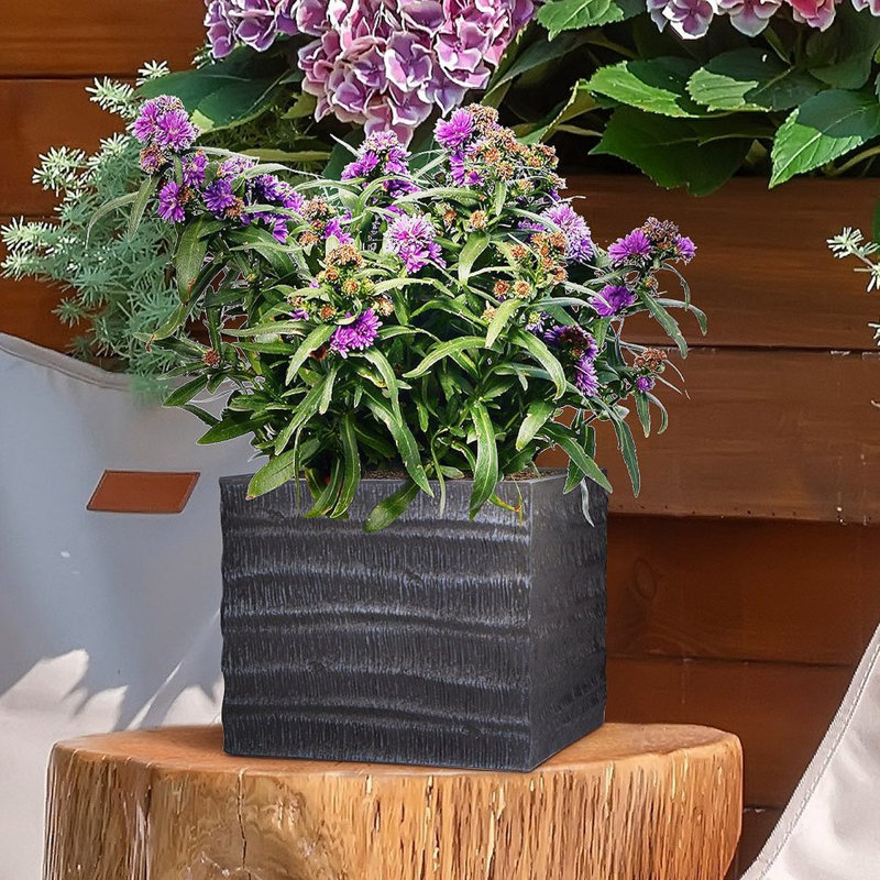 Concrete Effect Square Planter, Frostproof Outdoor Plant Pot, Garden Planter Box with Drainage Holes, Black Square Plant Pot with Straw Ribbed Pattern