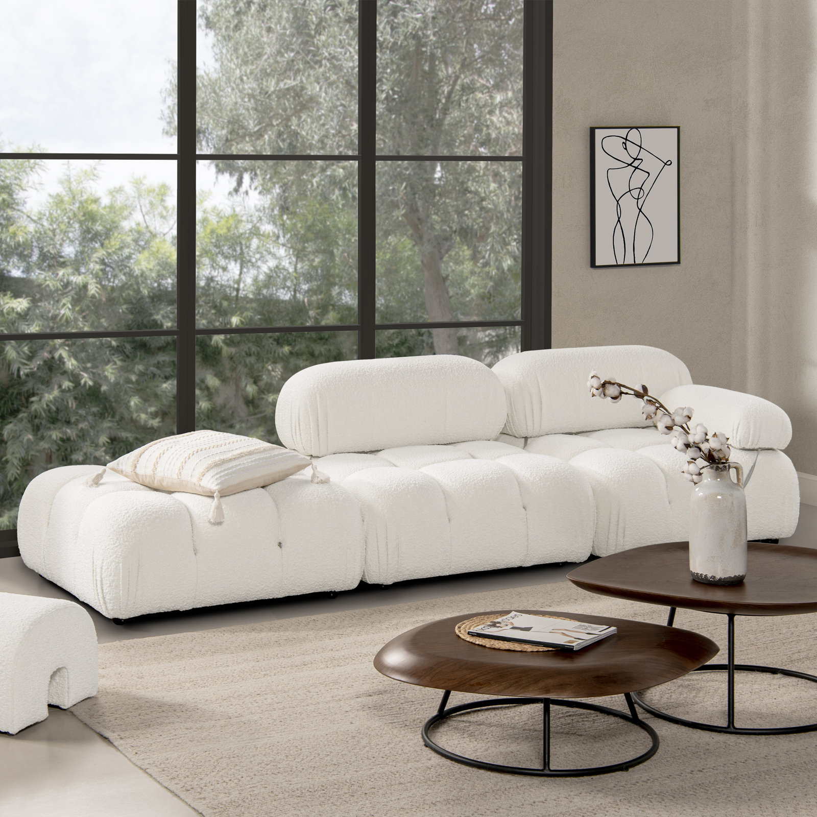 Sigma Upholstered Chaise Lounge, Ivory Boucle