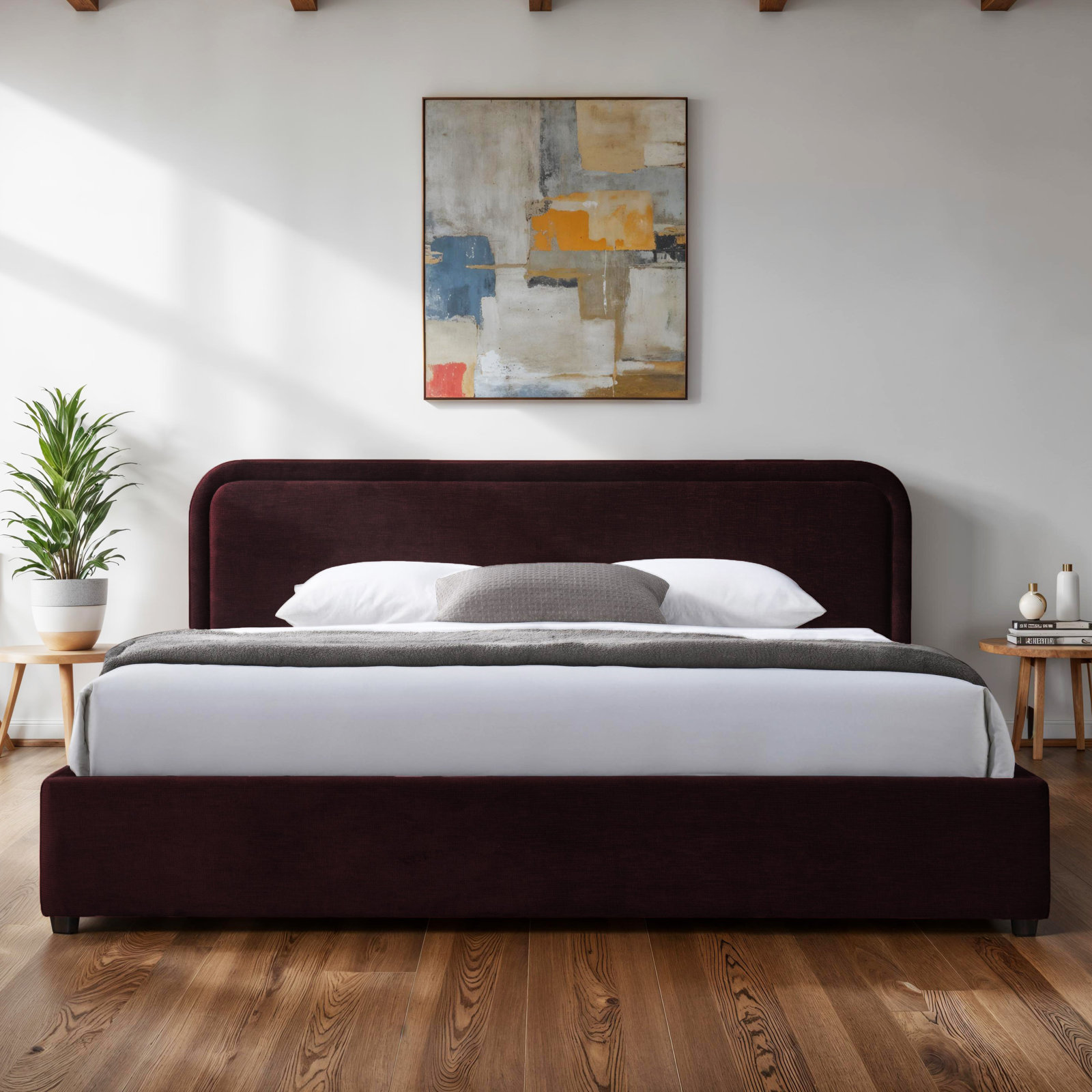 Baneza Platform Bed, King, Burgundy