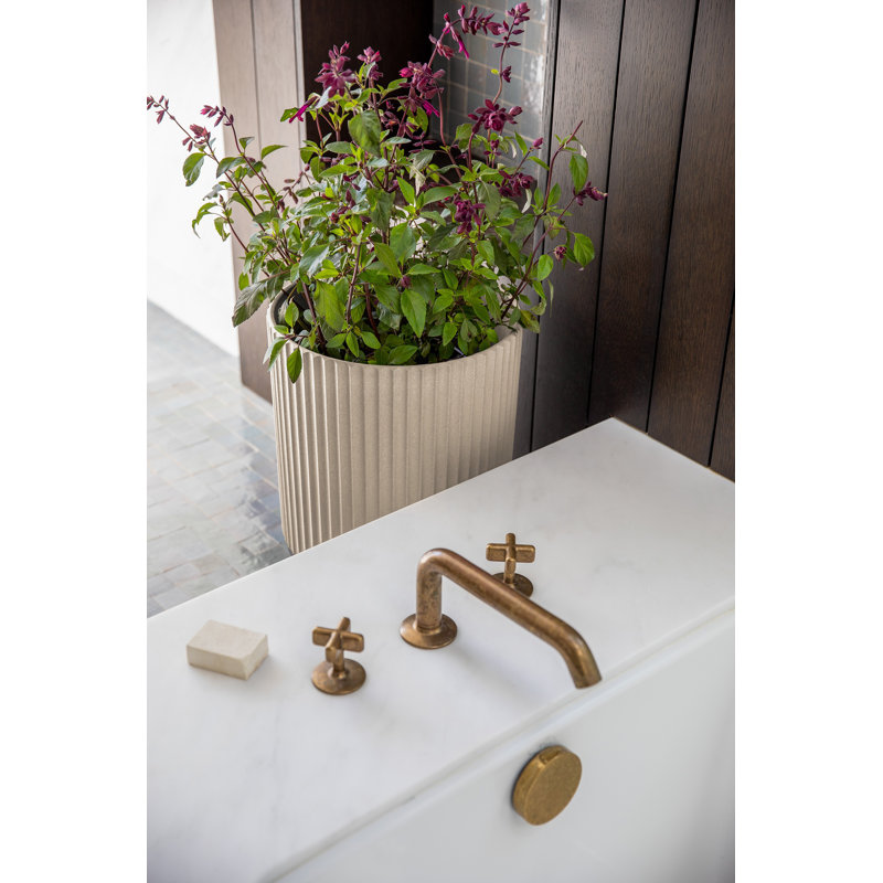 Sandstone and Black 16" Concrete-Composite Planter Set with Acacia Wood Stand