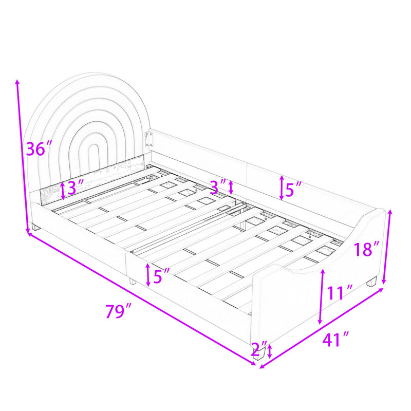 Lit plateforme simple tapissier en velours avec clôture de sécurité