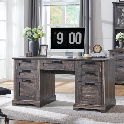 Deserey 60" W Farmhouse Solid and Manufactured Wood Executive Desk with Charging Station
