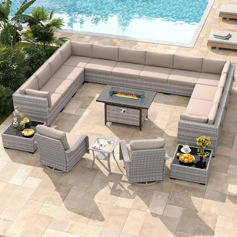 14 - Person Outdoor Wicker Patio Conversation Furniture Set with Fire Pit Table, Beige