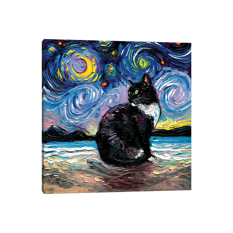 Green Eyed Tuxedo Cat Night by Aja Trier - Wrapped Canvas Print, 30.48 cm H x 30.48 cm W