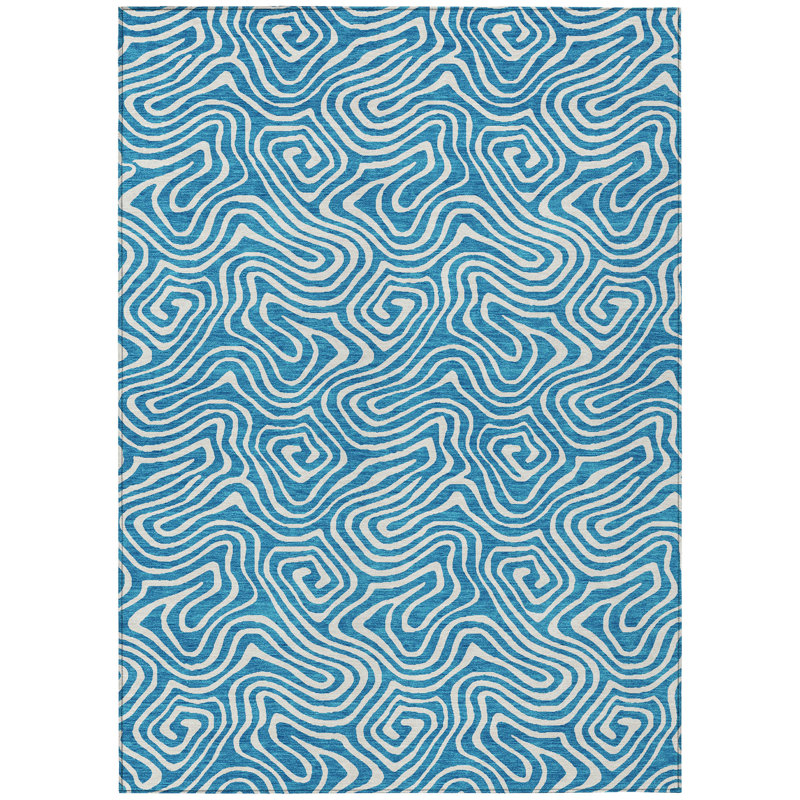 Raya Teal Washable Indoor-Outdoor Rug - , 5' x 7'6"