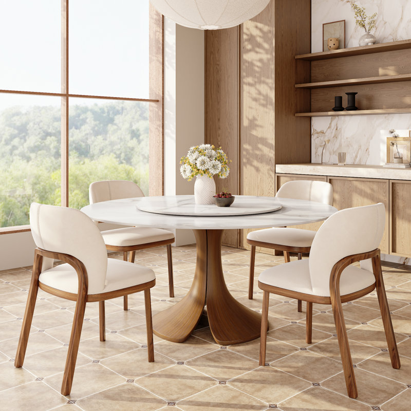 Table de salle à manger Aurora, H 29,52 po x L 59,06 po x l 59,06 po, Brun crème noisette, Blanc nuage