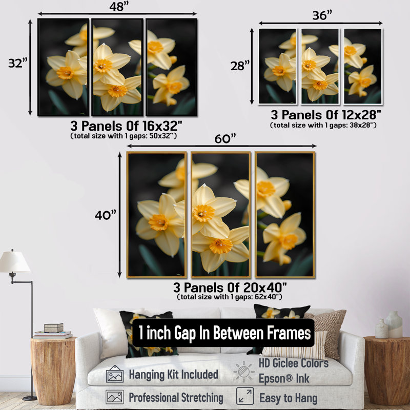 - Ensemble de reproductions d'art mural jonquilles, H 28 po x l 36 po x P 1 po, Toile avec cadre flottant noir
