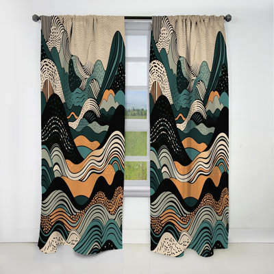 Teal Black Line Art Elegance II - Shapes Curtain - Blackout Abstract Curtain - 1 Panels
