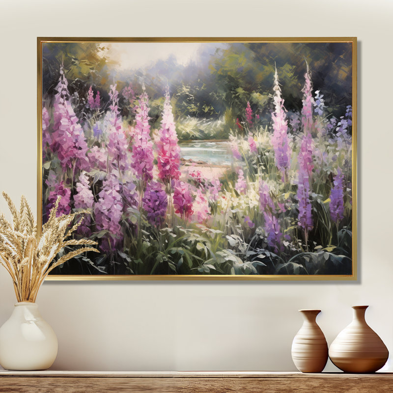 Impression d'art mural mauve, forêt de salves, fleurs sauvages, Toile avec cadre flottant or, H 30 po x l 40 po x P 1,5 po