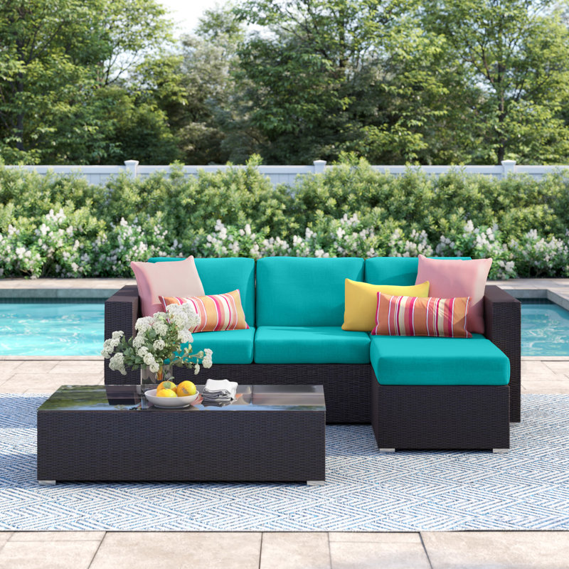 Ensemble de conversation modulaire en rotin de 3 pièces avec coussins Convene, Turquoise