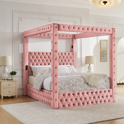 Vesper Queen Velvet Canopy Platform Bed with Bluetooth Speakers and USB Charging